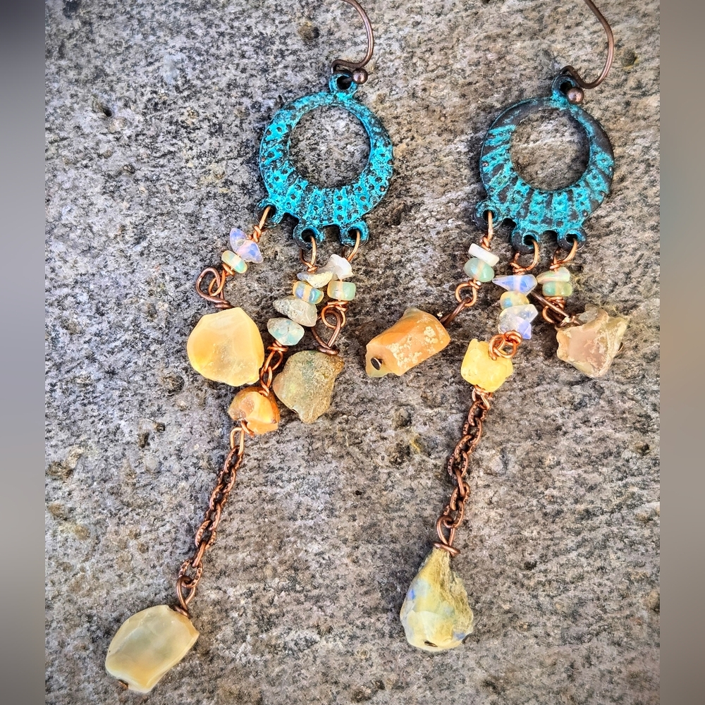 Spellbinding Ethiopian Welo Yellow Opal In Verdigris Blue Patina Copper Earrings